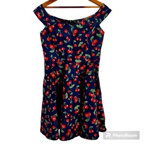 NWT Hell Bunny Sweet Cherry V-Neck Flare Dress Medium. Blue background.
